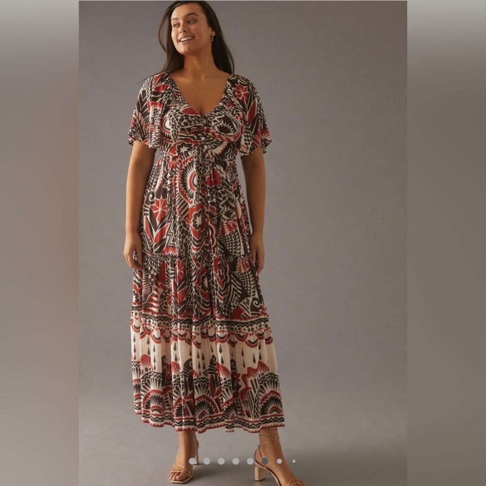 By‎ Anthropologie XL Tiered Maxi Dress Red Pattern Short Sleeve V-Neck Buttons